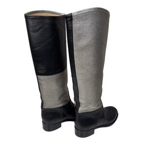 Chanel CC Knee High Riding Boots Black Metallic Silver Leather‎ Logo Size 39.5